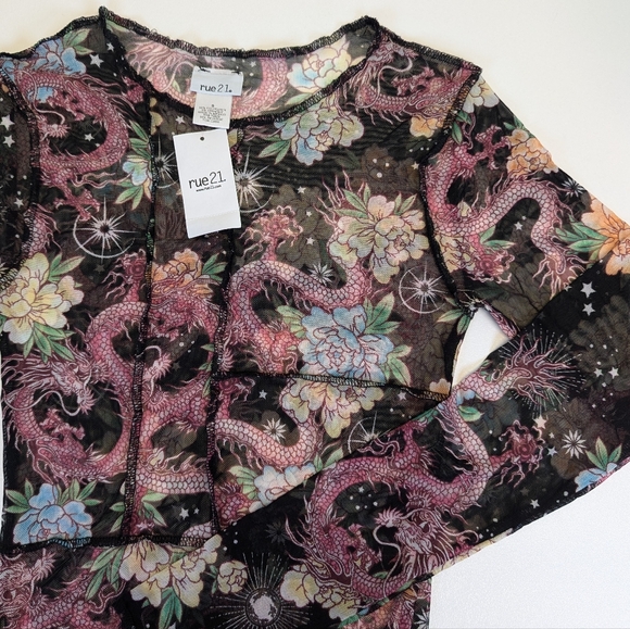 Rue21 Black Sheer Long Sleeve Dragon Print Mesh One-Piece Bodysuit (1-xs & 1-s) - Picture 13 of 13